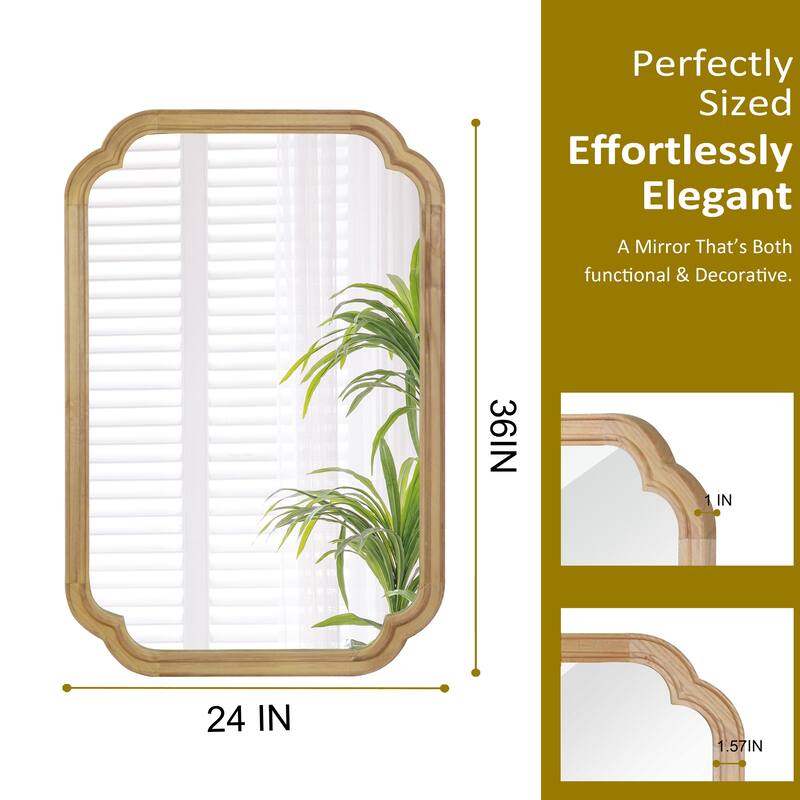 Natural Wood Rounded Corner Solid Wood Decorative Mirror - Bedroom, Bathroom, Living Room - Natural Wood