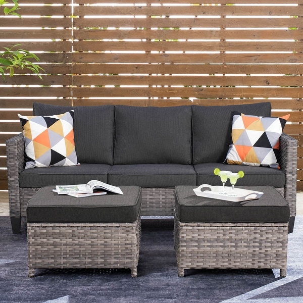 OVIOS 3-Piece Handwoven Outdoor Sectional Sofa and Ottoman Set