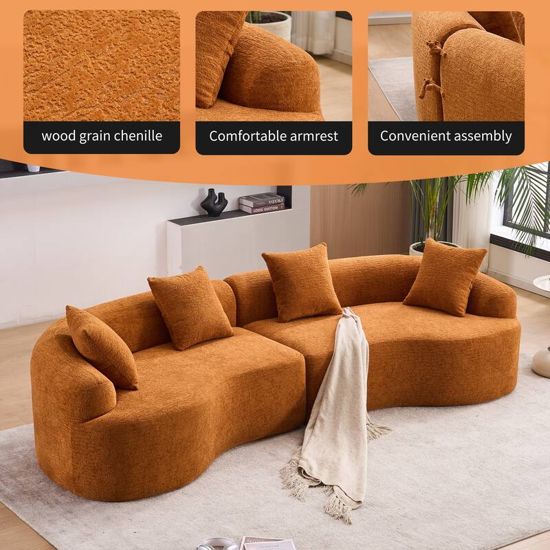 Orange Curved Modular Sectional Sofa, 30D High-Density Chenille Sleeper Couch, 110L