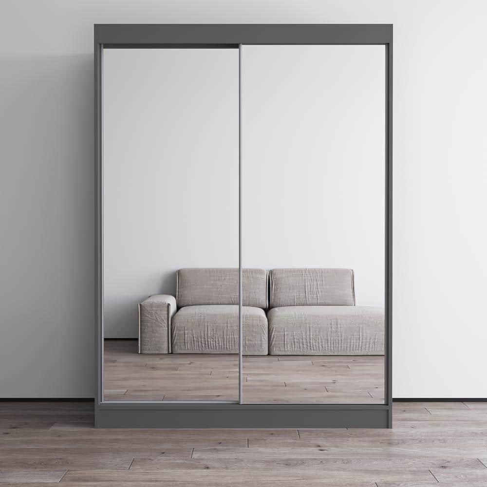 Aria 59-Inch Modern High-Gloss 2-Door Mirrored Wardrobe Armoire with 6 Cubby Shelves - European Contemporary Bedroom Storage