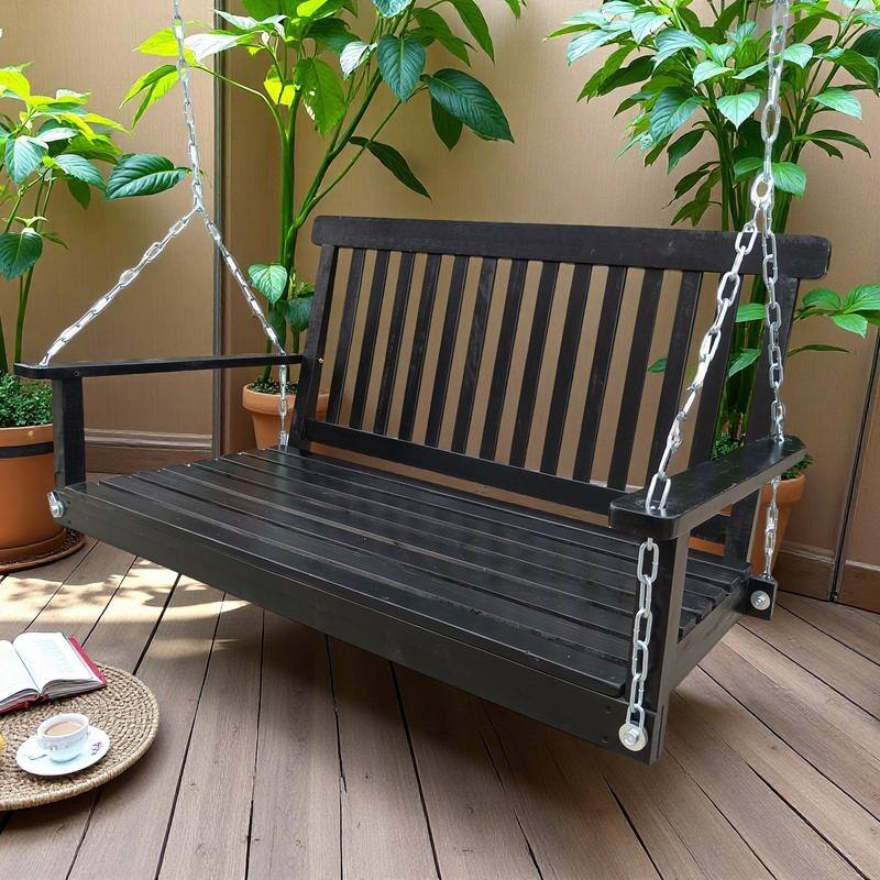 Solid Wood Porch Swing with Zinc-Plated Chains and Armrests,800lb Capacity - Black