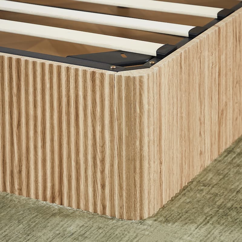 Platform Bed Lift Up Hydraulic Storage Bed Frame Wooden Corrugated Curved Lines Design Frame Wood Slat Metal Support Bed Frame