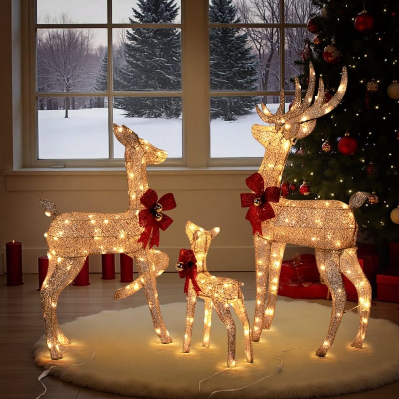 3-Piece Lighted Christmas Reindeer Family Set Outdoor Decorations Weather Proof Sparkling Deer Family