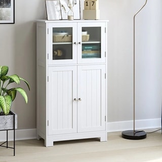 Floor White Wooden Linen Cabinet with Shelves and Doors, Kitchen ...