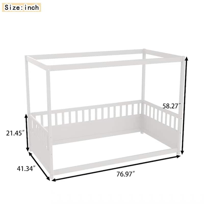 Canopy Bed Frame with Guardrails,Floor Bed with Four Poster Design