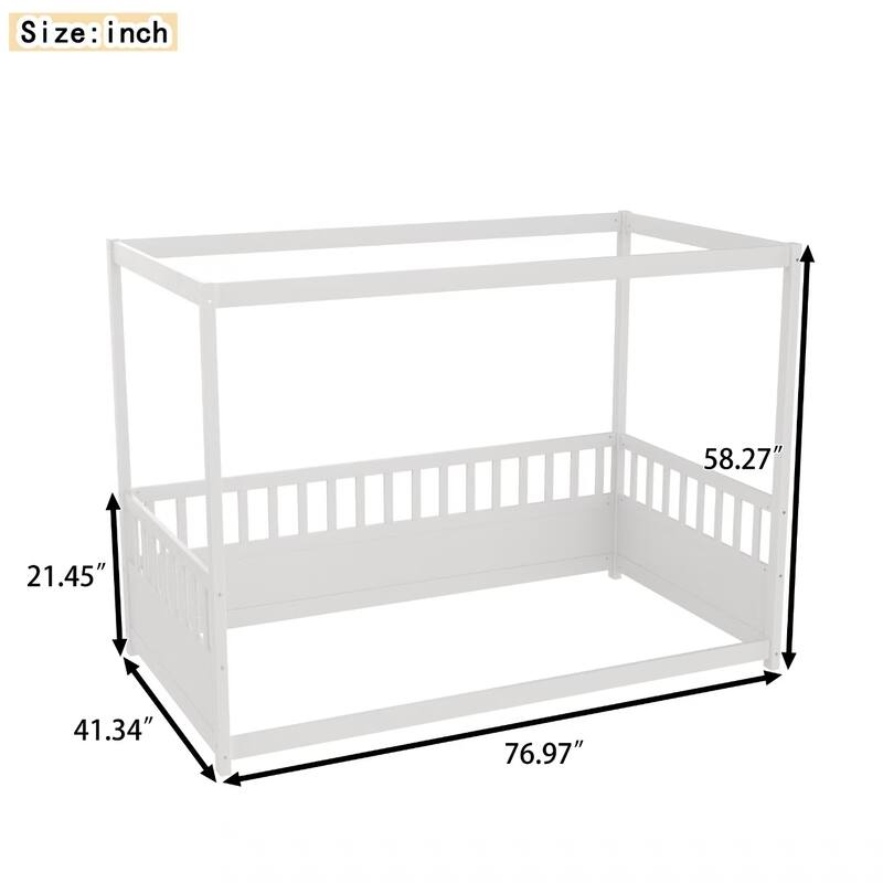 Twin Size Wooden Canopy Bed Frame with Guardrails for Kids, Montessori Floor Bed in White