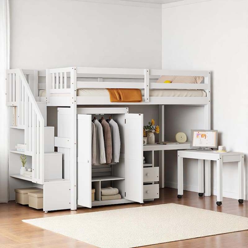 Twin/Full Size Loft Bed with Desk, Wardrobe, Drawers & Stairs, Wood Frame Study Bed with Storage for Kids/Teens