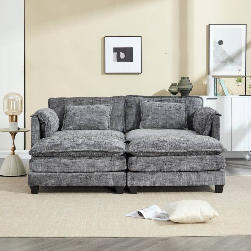 76.77" Chenille Upholstered Sofa with 2 Ottomans - Grey