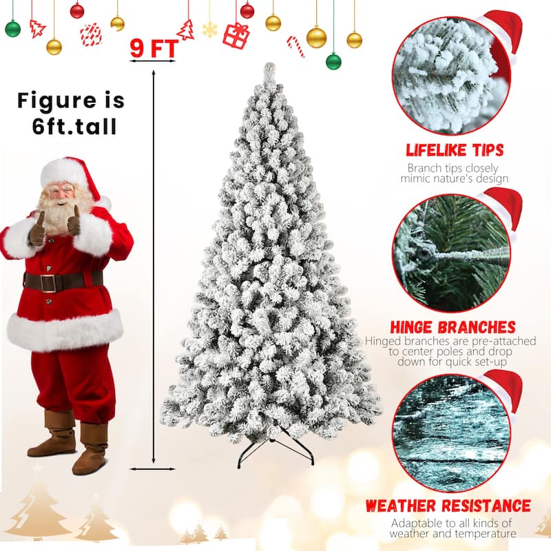Pre-Lit Snow Flocked Christmas Tree - UL Warm White Lights, Auto-Unfold Memory Wire, Metal Stand - Green,White