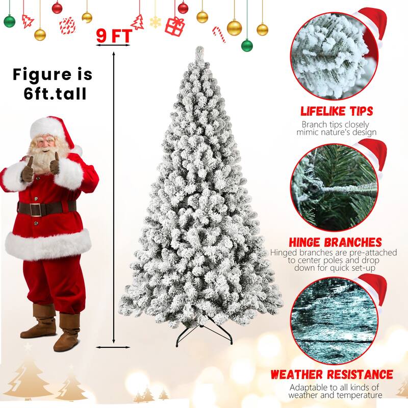 Pre-Lit Snow Flocked Tree - UL Warm White Lights, Auto-Unfold Memory Wire, Metal Stand - Green,White