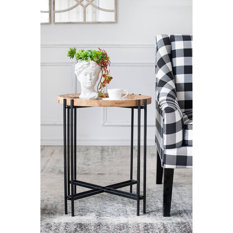 GDFStudio- Farmhouse Round Coffee Table with Natural Wood Top and Black Metal Pin Legs - 25.6"