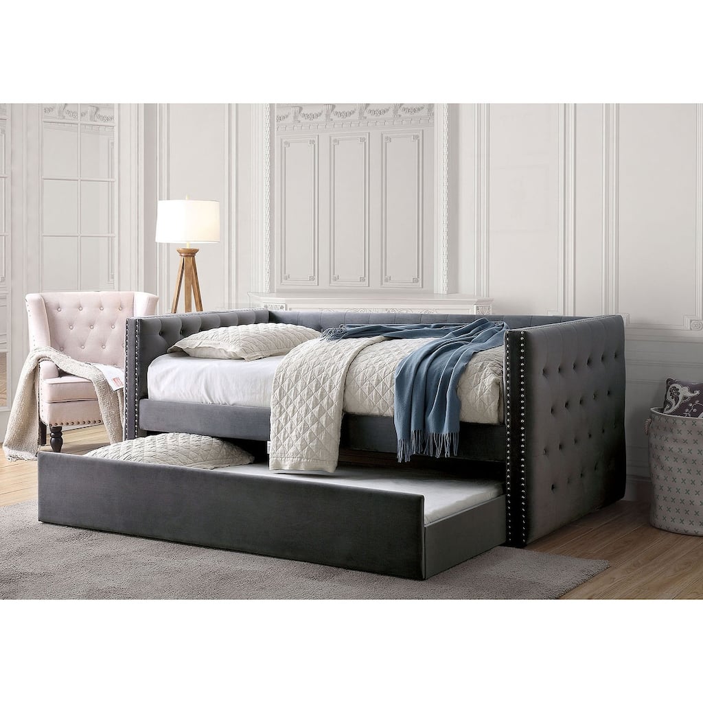 Gray Tufted Upholstered Daybed with Trundle, Nailhead Trim, Slat Kit Included