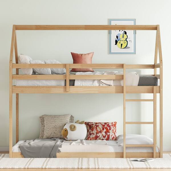 slide 2 of 50, Twin over Twin Rubber Wood Floor Bunk Bed, with ladder,Guardrails,House-Shaped-Bunk Bed Natural