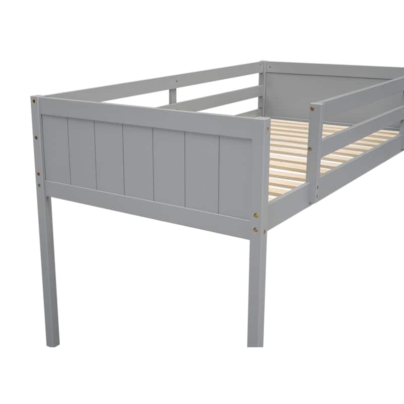 Twin Size Loft Bed with Ladder, Pine Wood Frame, Convertible Ladder Placement, Guardrails, and No Box Spring Required