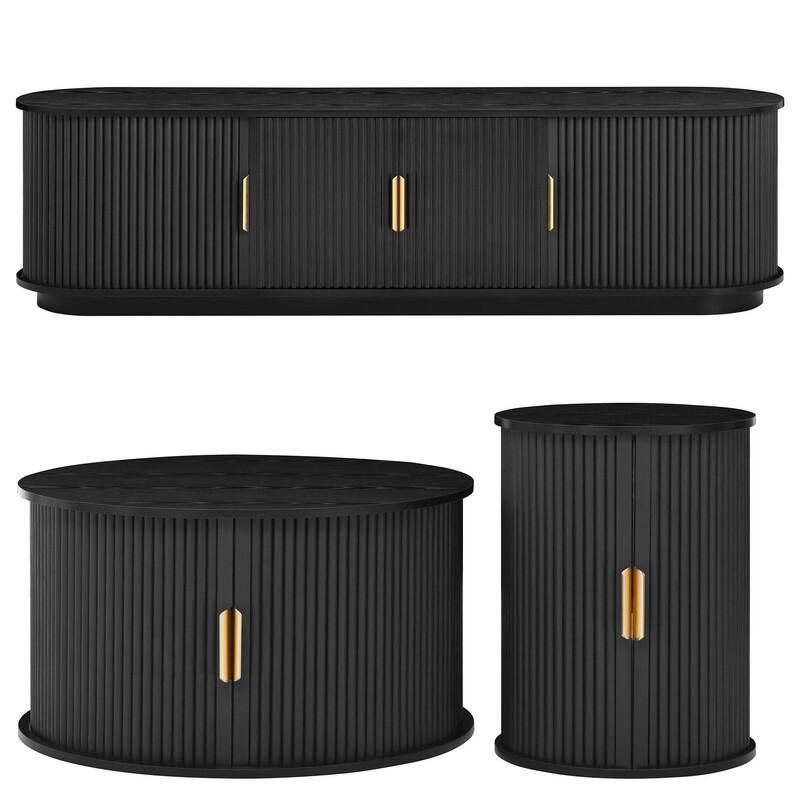 Mid Century Modern 74.8" TV Stand & Coffee Table Set for TVs up to 75", Wooden Media Console with Fluted Sliding Doors