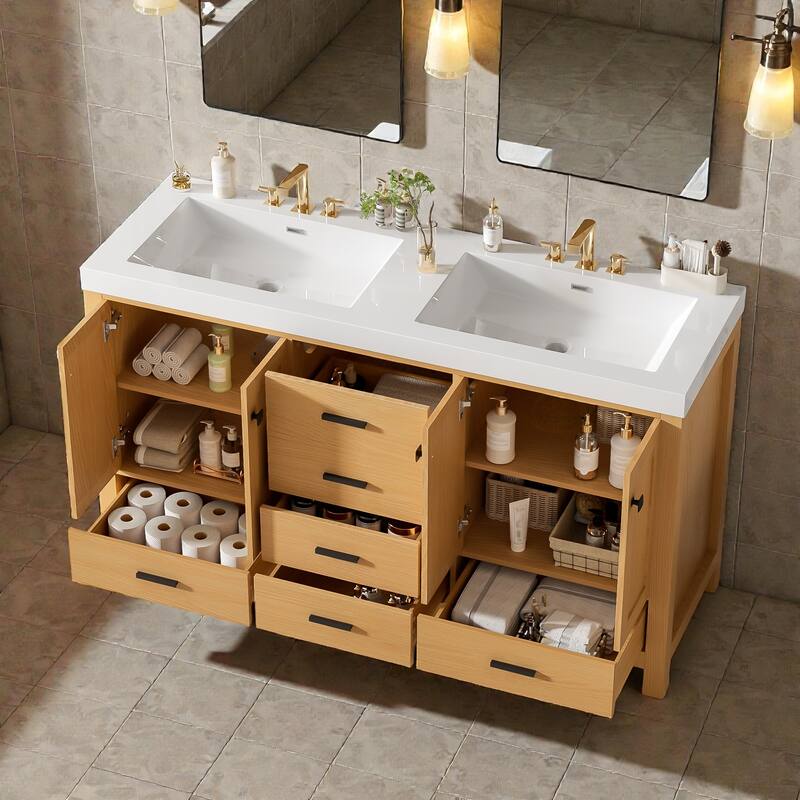 59.3 Inch Double Sink Bathroom Vanity with Solid Wood Frame, Soft Close Doors and Drawers, Wood Grain Cabinet
