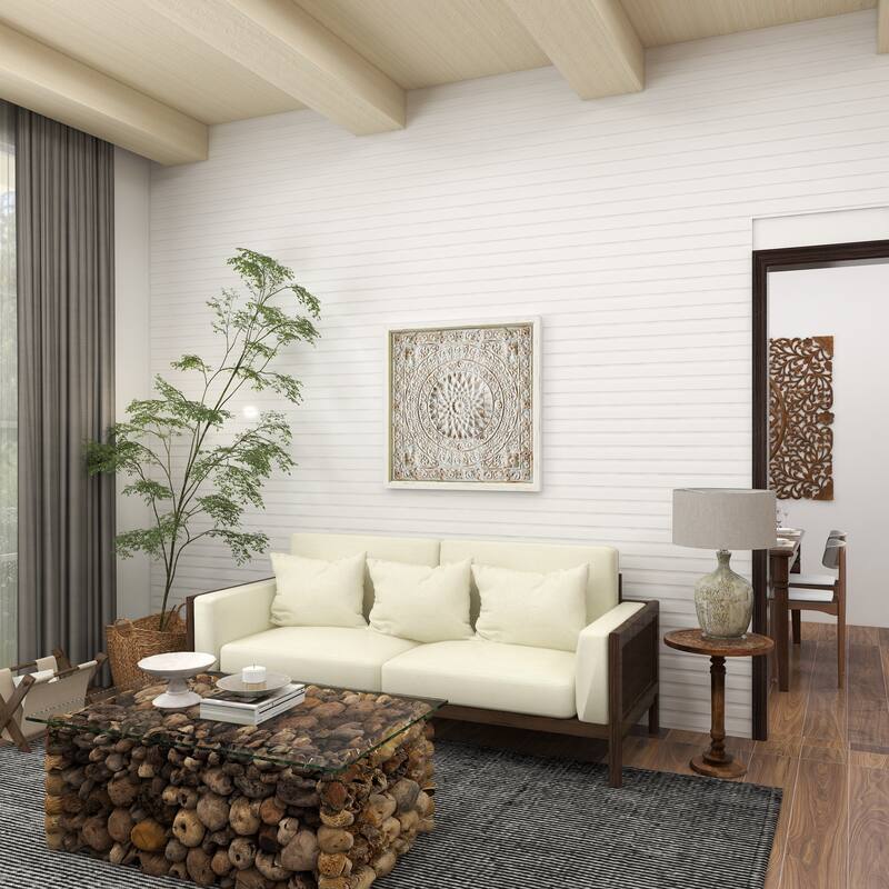 Brown Metal Embossed Mandala Scroll Floral Home Wall Decor with Gray Backing and White Wood Frame