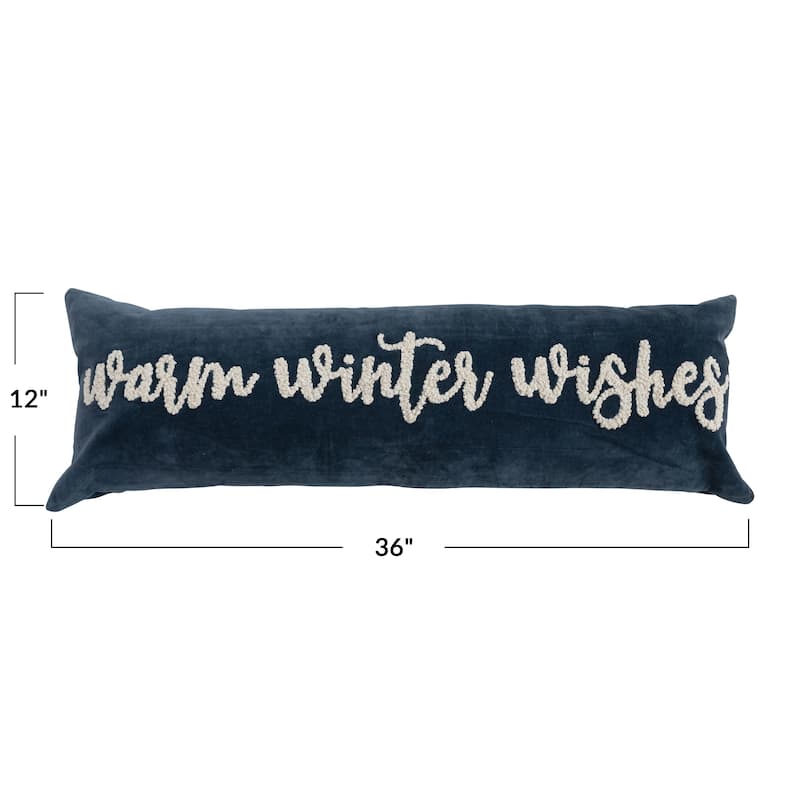 Woven Cotton Velvet Lumbar Pillow with Embroidered "Warm Winter Wishes"
