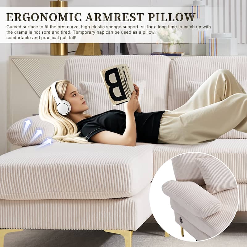 HOMEFUN Corduroy Upholstered U-shaped Adjustable Light Modular Sectional Sofa With Type-C and USB ports