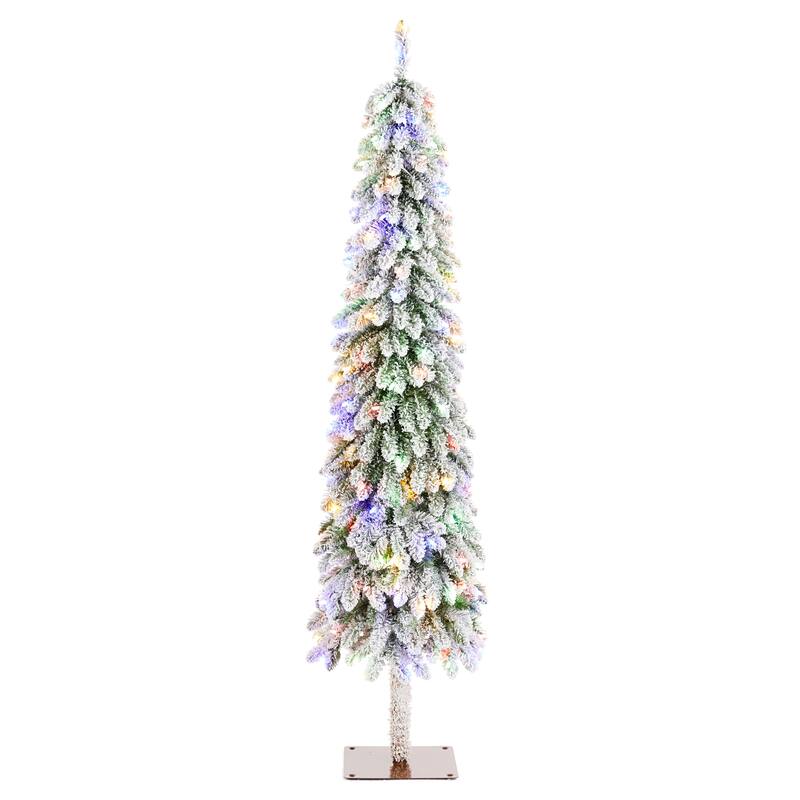 Glitzhome 4.5ft/6ft/7.5ft Pre-Lit Flocked Artificial Snowy Downswept Christmas Tree with Foot Pedal Control LED Lights