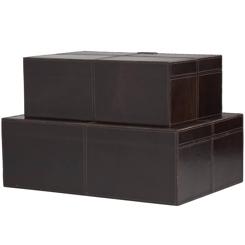 Leather Handmade Decorative Box with Hinged Lid - Set of 2 Gray, Brown, Dark Brown, Gold, Silver - Roche River Decor