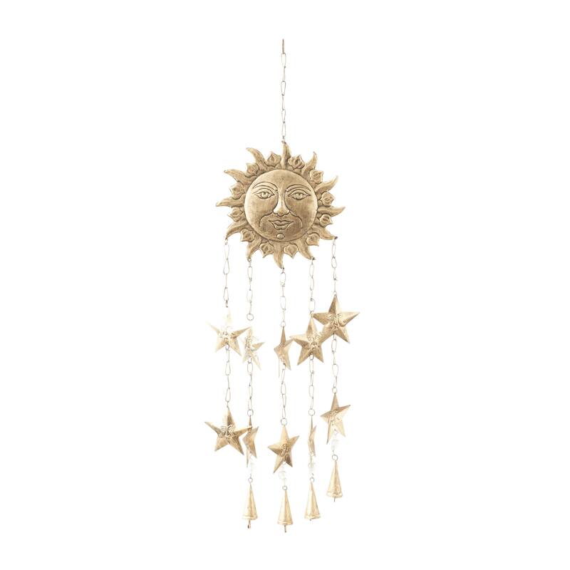 Metal Sun and Star Handmade Indoor Outdoor Windchime with Glass Beads and Cone Bells - Gold - Roche River Decor