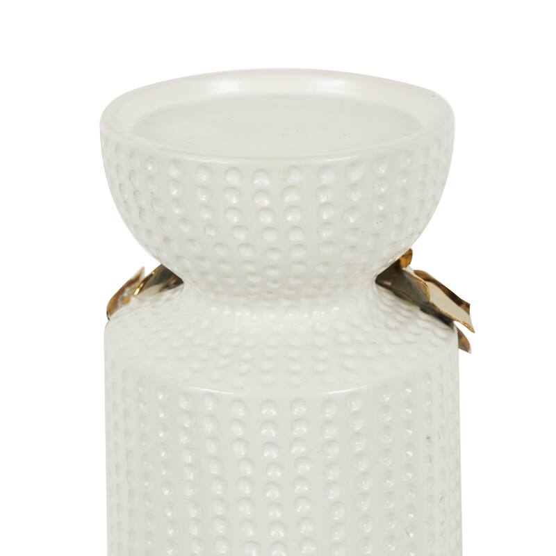 White Ceramic Candle Holder with Abstract Spotted Pattern and Gold Leaf Accents (Set of 2)
