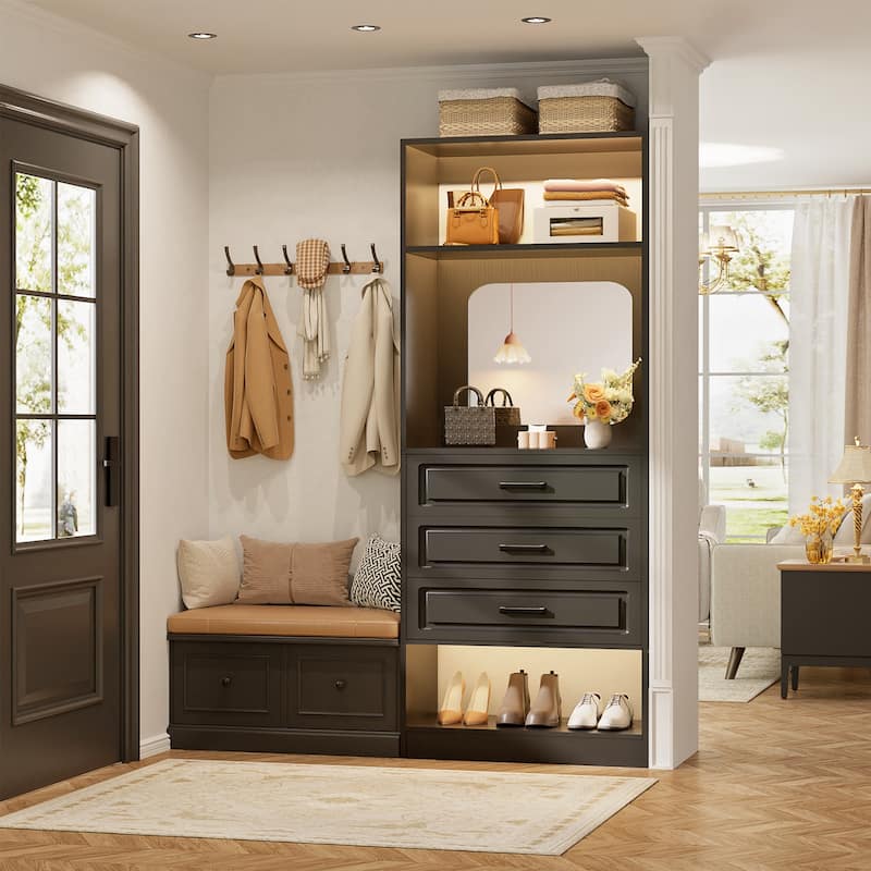 Cimly 25'' Freestanding Closet System with Drawers and Mirror, Display Shelves Organizer with Shelving