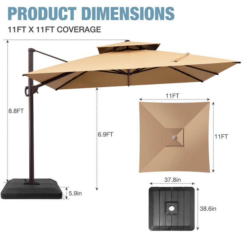 VredHom 11 FT Square Outdoor Patio Double Top Cantilever Umbrella with Weight Base