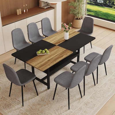9 Piece Dining Table Set for 8, Modern 71'' Rectangle Wood Storage Dining Table and Fabric Dining Chairs 8 for Dining Room