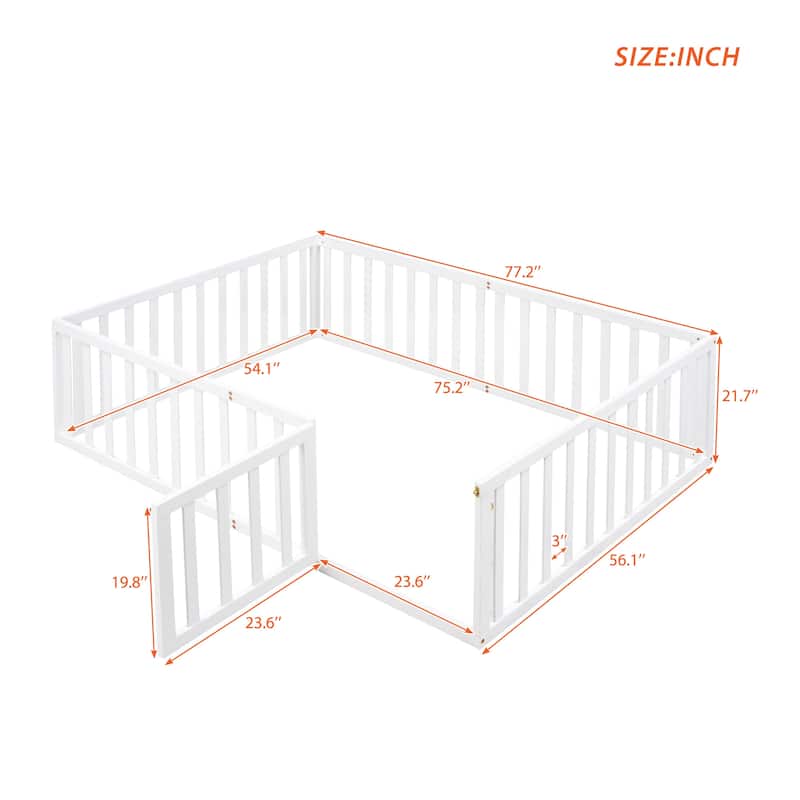 Full Bed Frame for Boys and Girls Toddler Floor Bed Montessori Bed Frame with Fence and Lockable Door for Kids Floor