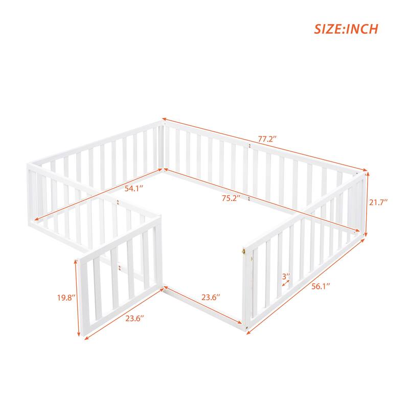 Full Size Wooden Floor Bed Frame with Fence and Door, Montessori Daybed for Kids, No Slats Needed