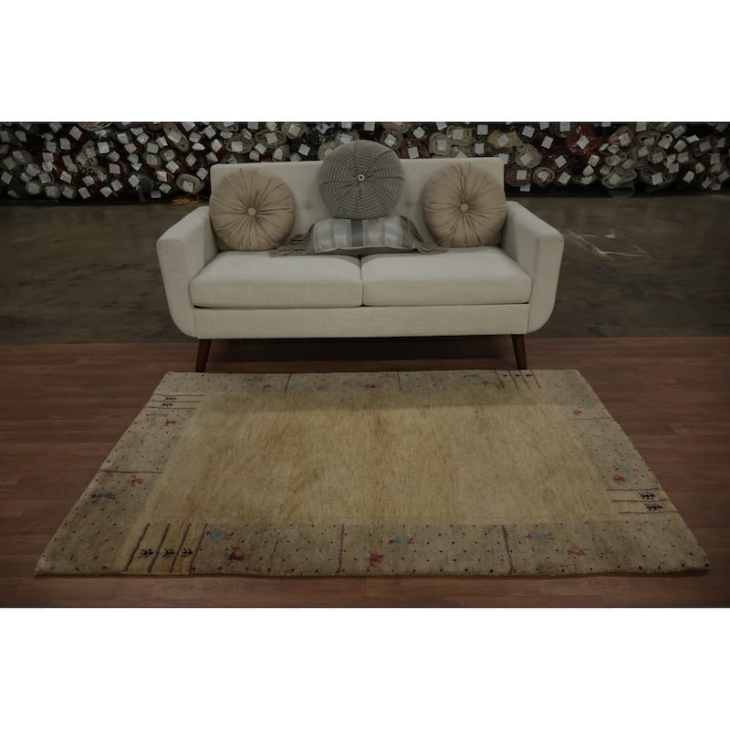 Hand Knotted Oriental 100% Wool Carpet Modern Bordered Yellow & Gold Gabbeh Area Rug - 6' 0'' X 3' 11''