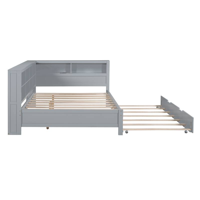 Full Size Daybed with Twin Trundle, Storage Shelf, and USB Charging Ports, Grey