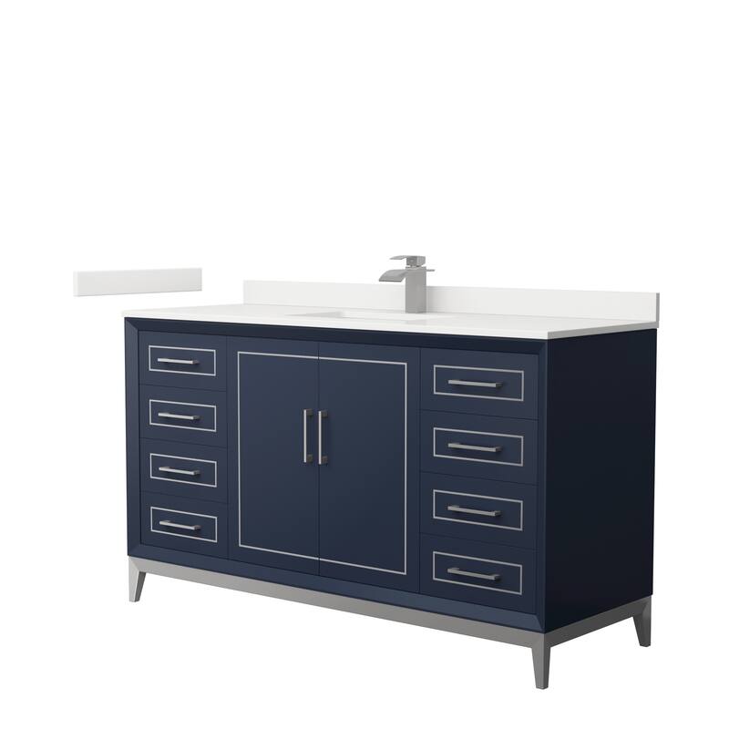 Marlena 60-inch Single Vanity, Quartz Top - Dark Blue, Nickel Trim, White Quartz Top
