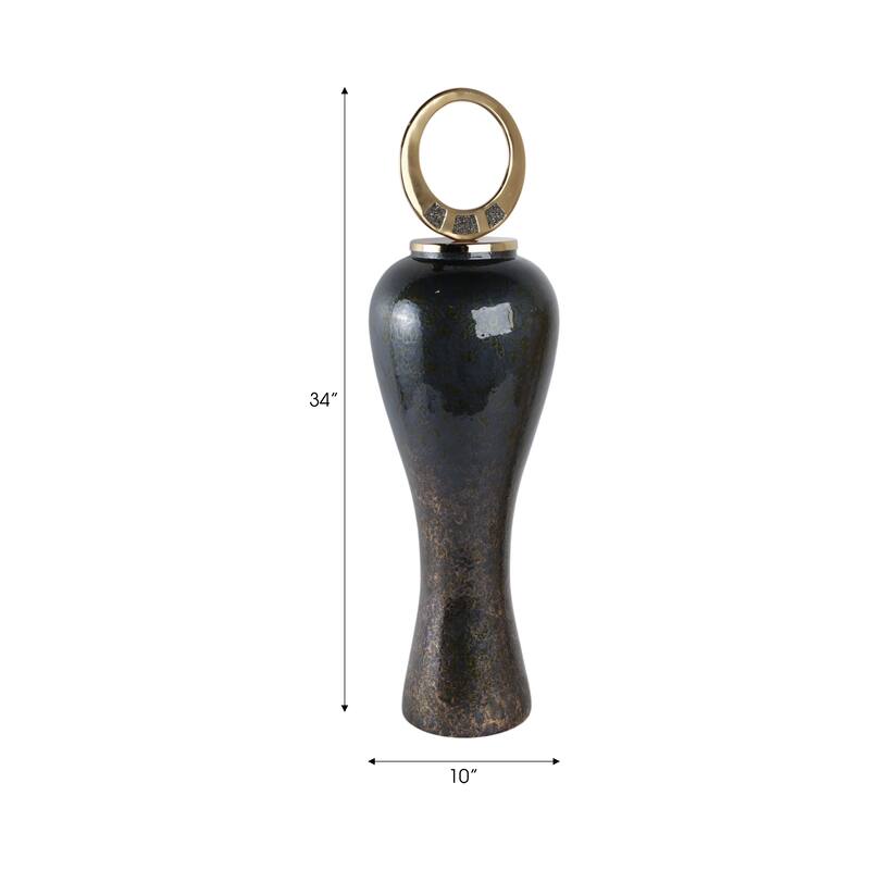 Glass Vase with Modern Sculptural Metal Brass Accent and Stone Detail