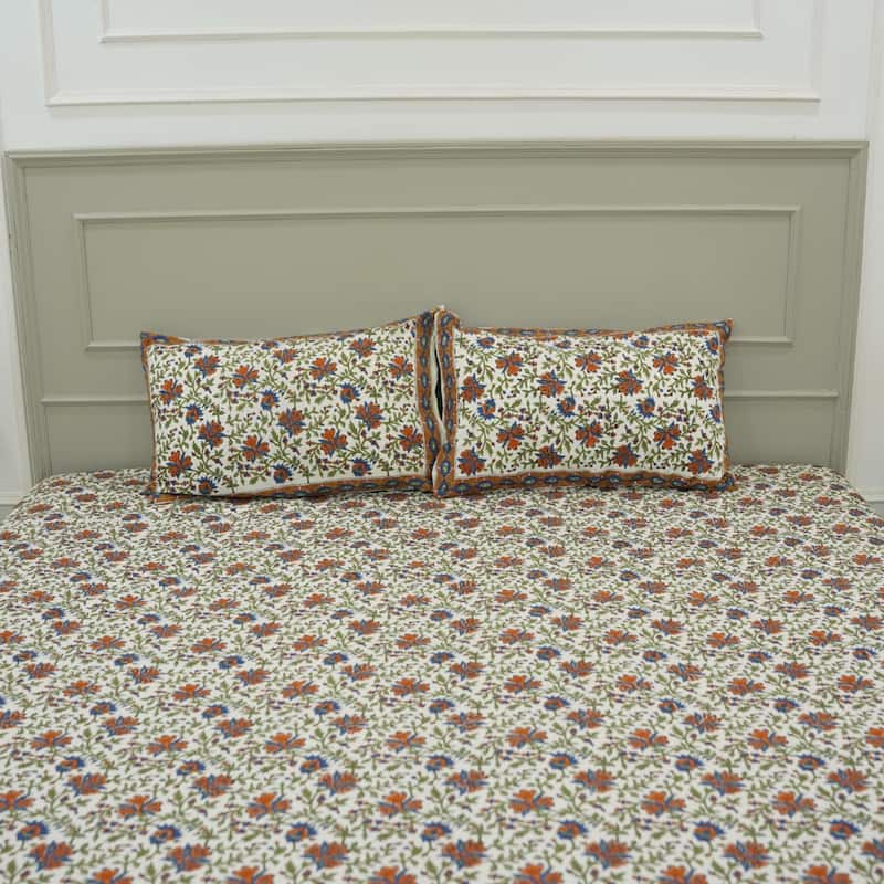 Fabdivine Cotton Hand Block Floral Flat Sheet Bed Room Home Décor Accent Gift - Neerabel- Brown, Green, Dark Blue - Twin XL
