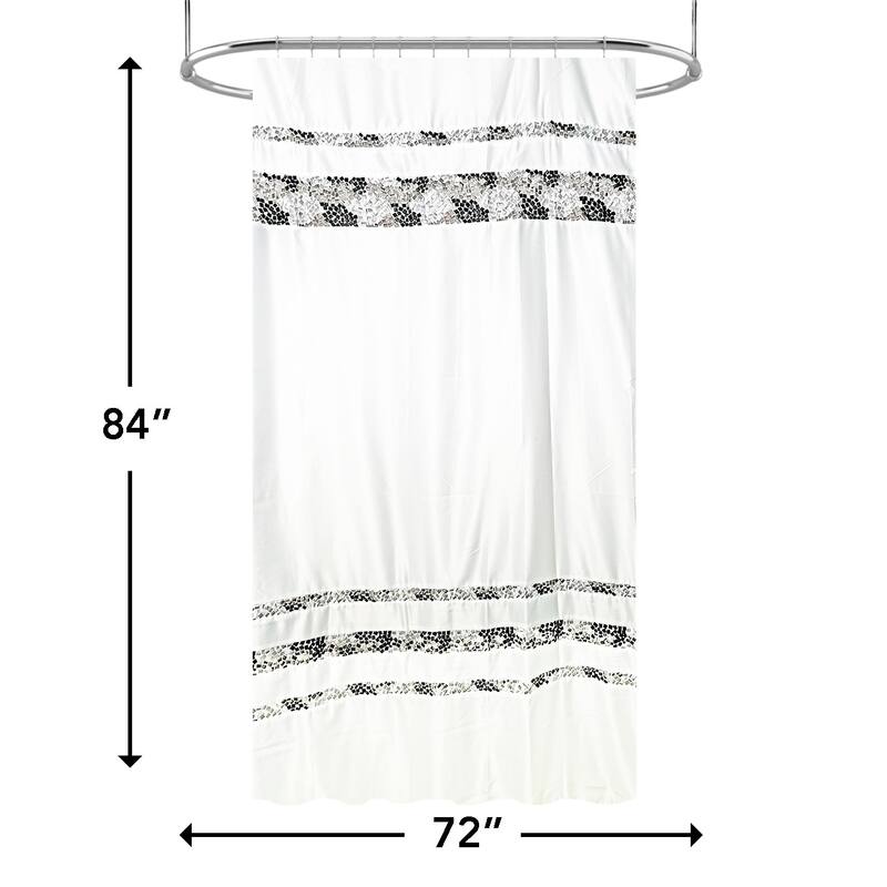 Spa Tile White Soft Fabric Shower Curtain with Multicolor Embroidered Tile Bands