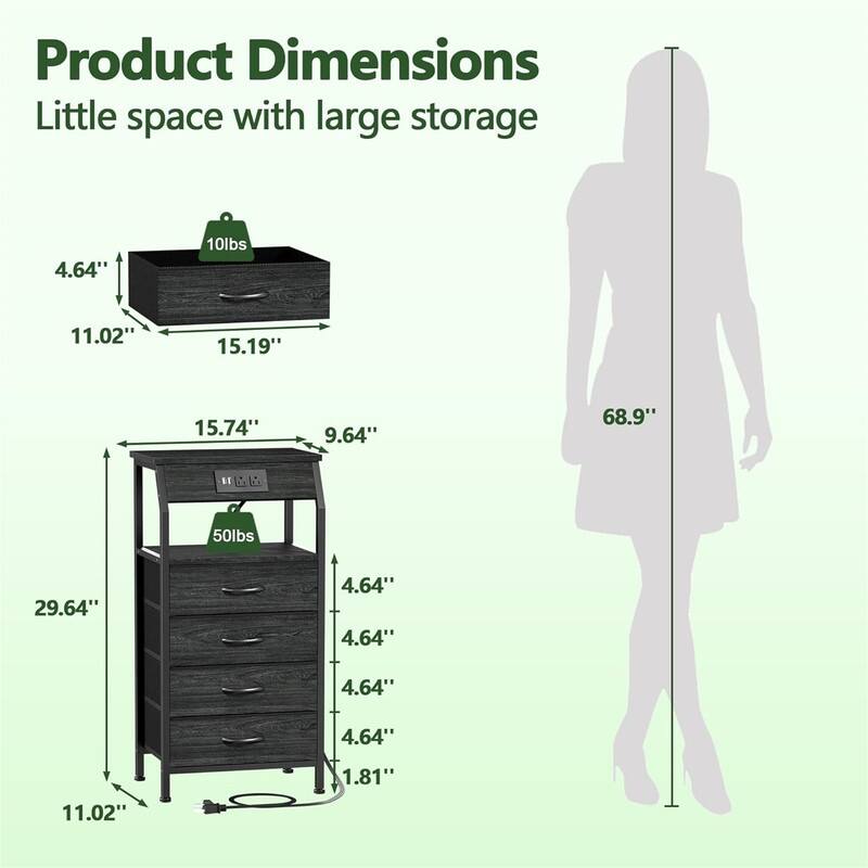 Night Stand with Charging Station Small Bedside Table with Wood Shelf