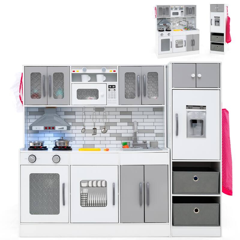 Gymax Wooden Kitchen Playset w/ Lights Sounds Interactive Features - Grey