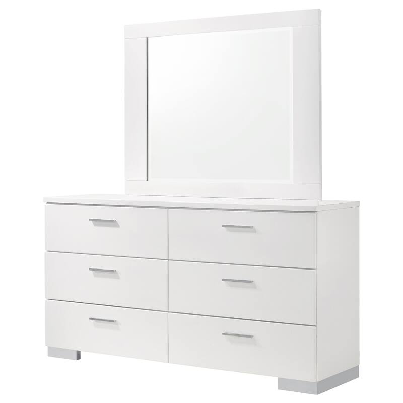 Sok Wide Dresser with Mirror, 6 Drawers, White High Gloss Finish, Wood