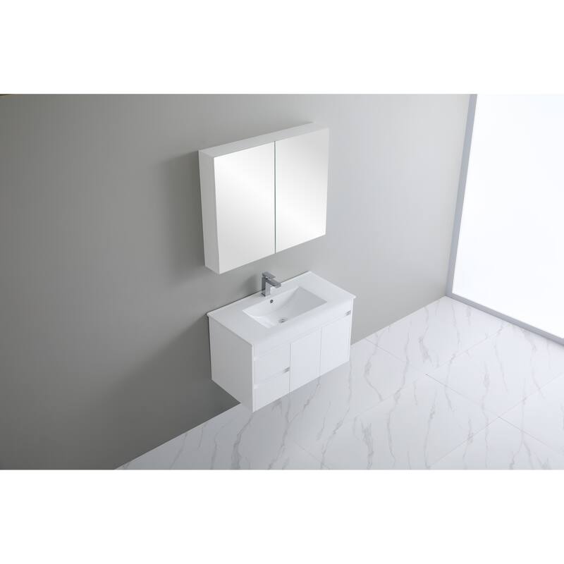 CB HOME 24"/30"/36"/48"/60" Pure White Bathroom Vanity, Floating Wall Mounted Cabinet w/ Integral Ceramic Sink Basin Countertop