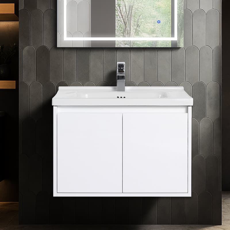 Blossom 28" Wall Mounted Floating Bathroom Vanity with Ceramic Sink - Glossy White