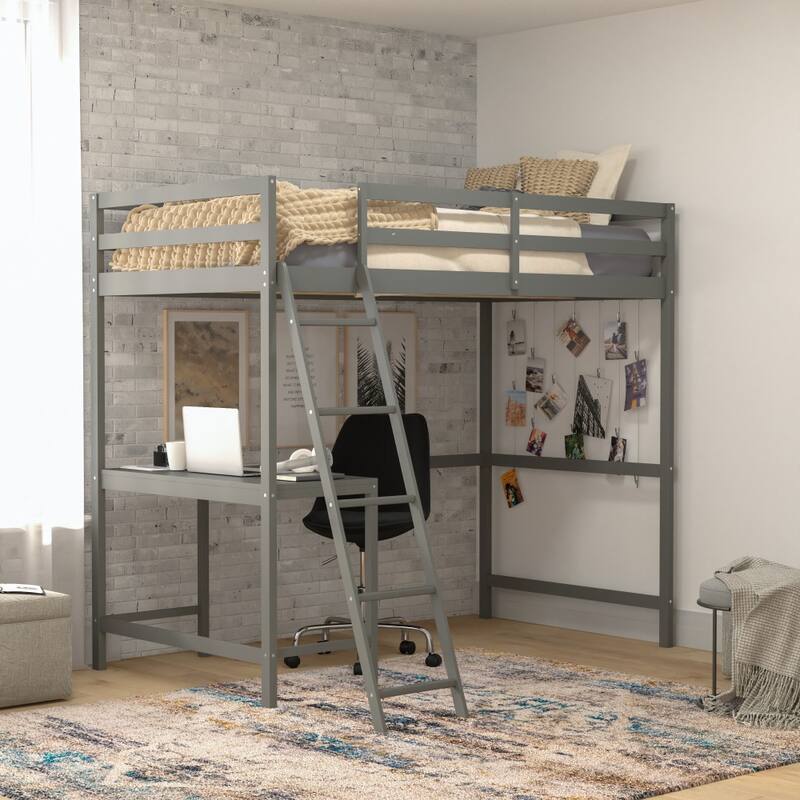 Traditional Wood Slat Loft Bed with Integrated Desk & Ladder - Light Gray - Twin