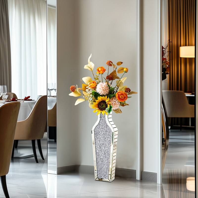 Glam Tall Crushed Diamond Floor Vase Crystal Silver for Home Decor