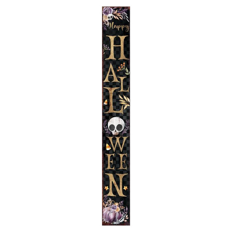 HomeRoots 72" Black Gold And Purple Solid Wood Halloween Halloween Skull Porch Sign