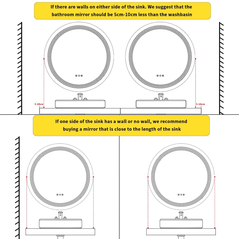 Large LED Bathroom Mirror Round Dual Light Frameless Vanity Anti-Fog