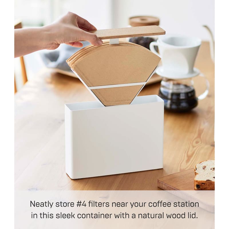 Yamazaki Home Coffee Filter Case - Size 04, Steel and Wood, 04 Coffee Filters, Lid - L 2.05 x W 8.27 x H 6.1 inches