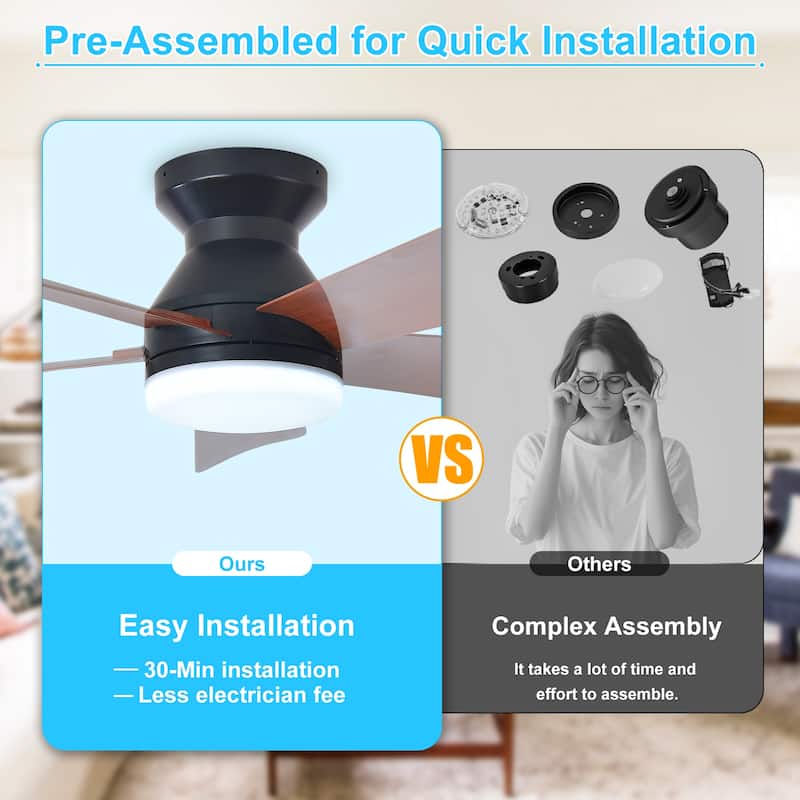 42/35 Inch Low Profile Ceiling Fan with Light: Dimmable, Remote Control, 6-Speed, 5 Blades