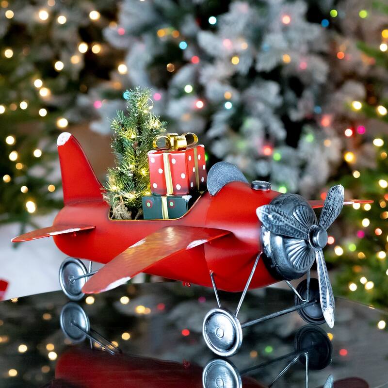Small Red Airplane with Lighted Christmas Tree and Gifts - 29.5" L x 22" W x 12" H